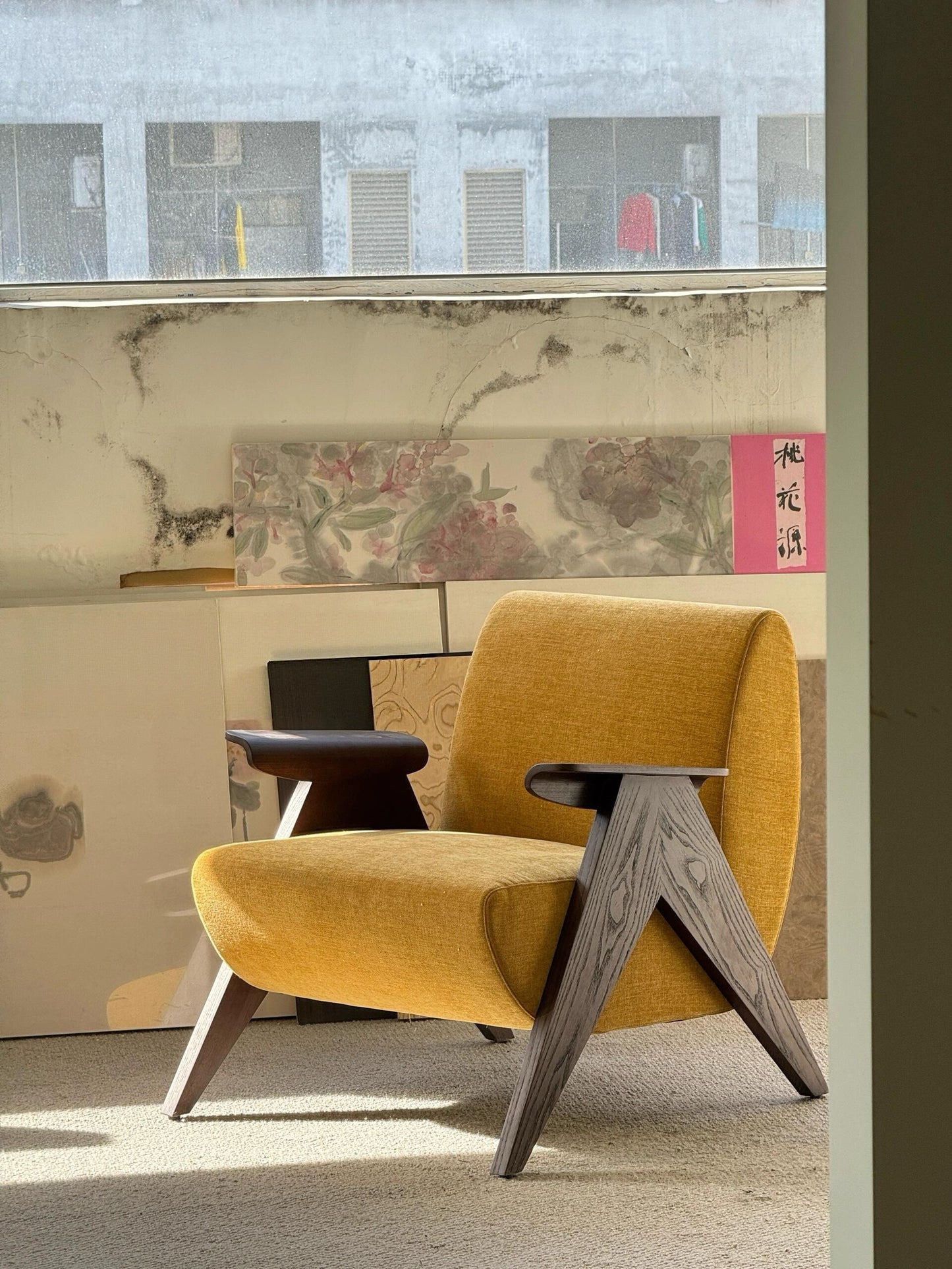 Mustard Yellow Fabric Lounge Chair, Solid Wood Accent Armchair for Living Room