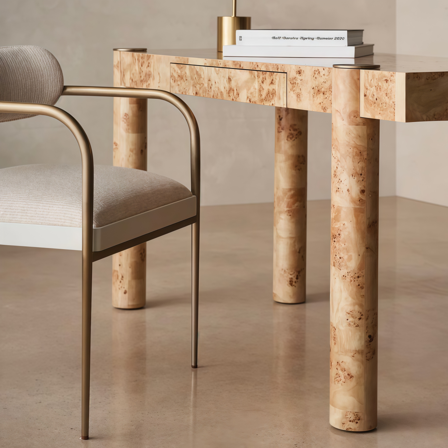 Burl Wood Writing Desk, 55 Inch Solid Wood Home Office Desk with Cylindrical Legs, Modern Rustic Work Table for Bedroom, Study Room, Small Apartment, Hotel, Villa