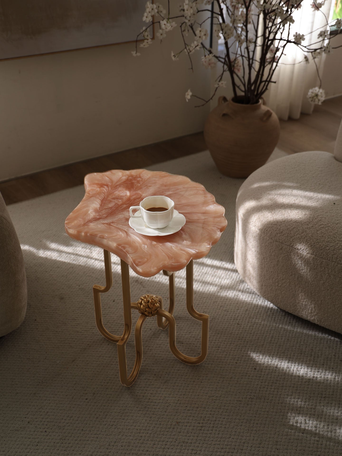 Pink Resin Shell Side Table with Gold Metal Base, Sculptural End Table