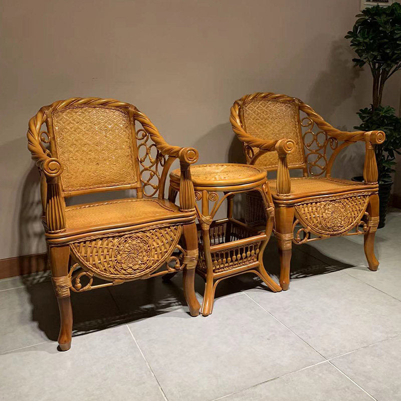 Natural Rattan High Back Armchair with Woven Seat and Storage Base