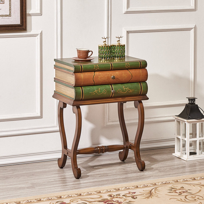 Vintage Stacked Book Side Table with 2 Drawers, 21 Inch Wide