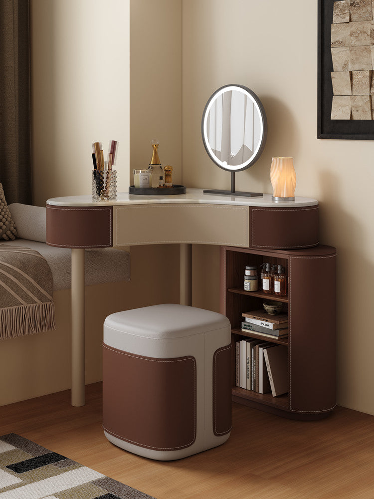 Brown Corner Vanity Set with Mirror, Stool, Drawers and Storage Cabinet