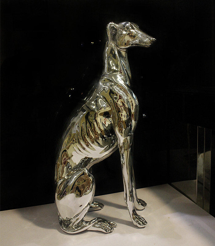 Silver Greyhound Dog Statue, Electroplated Metallic Sitting Dog Sculpture, Tall Decorative Animal Figurine for Living Room, Entryway, Console Table, Office, Hotel Decor