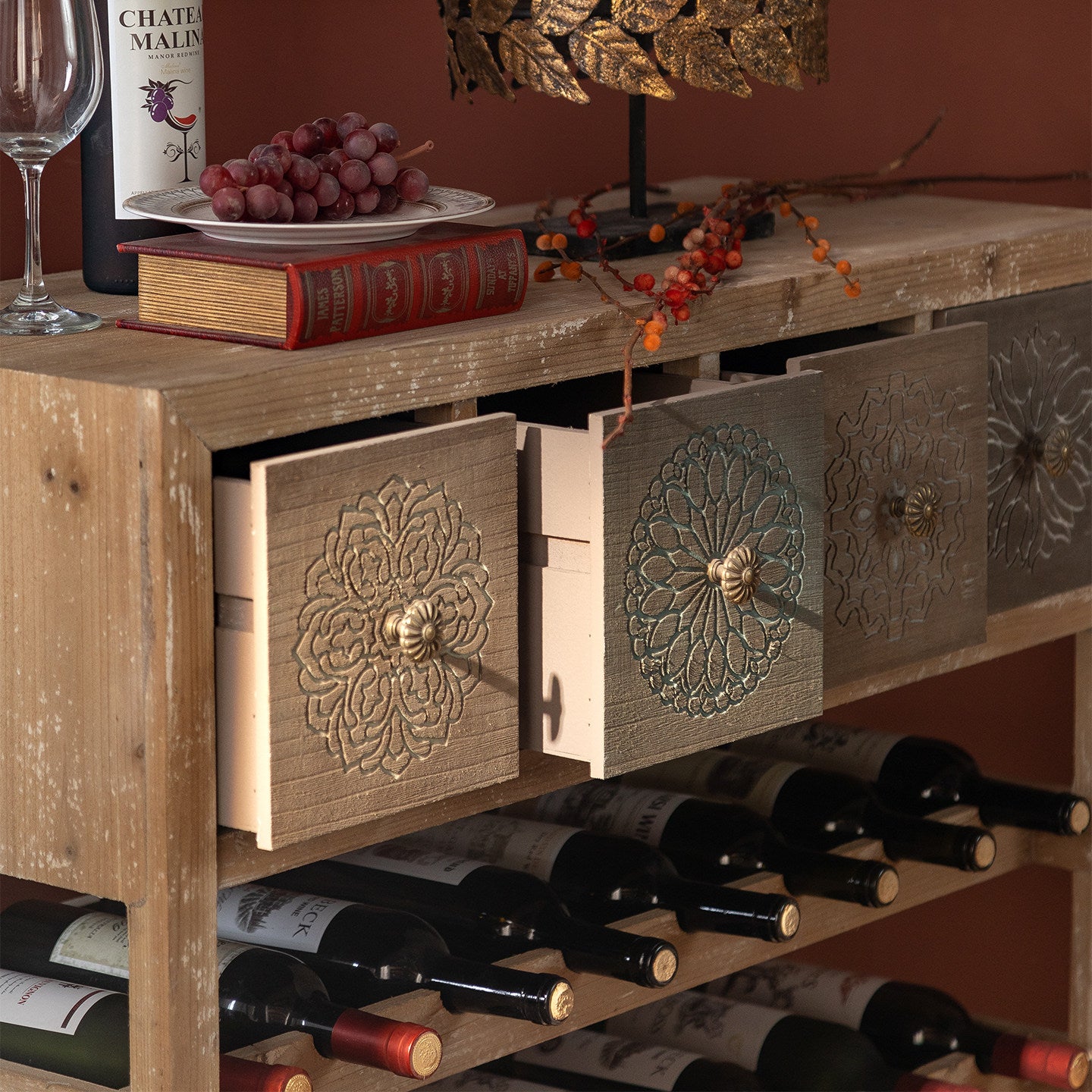 Freestanding Wood Wine Rack with 4 Drawers, 24-Bottle Floor Storage Cabinet