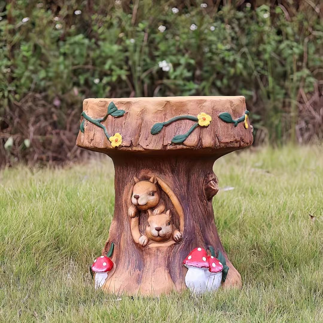 Tree Stump Stool 13 Inch, Squirrel Mushroom Garden Seat and Outdoor Decor