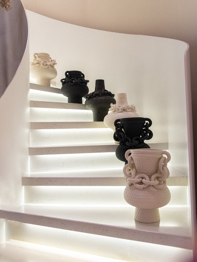 White Ceramic Chain Vase, Tall Textured Sculptural Decorative Vessel