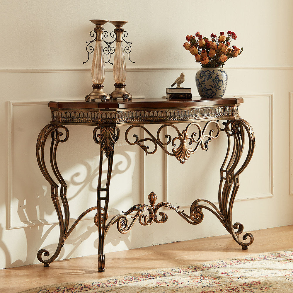 Antique Brown and Gold Demilune Console Table, Birch Wood Top with Ornate Wrought Iron Scroll Frame, Narrow Half-Moon Entryway Table for Foyer, Hallway, Living Room and Dining Room