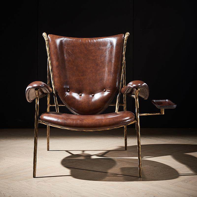 Vintage Brown Leather Lounge Chair, Rustic Metal Frame Accent Armchair, Cigar Lounge Reading Chair for Living Room, Tea Room, Office and Study
