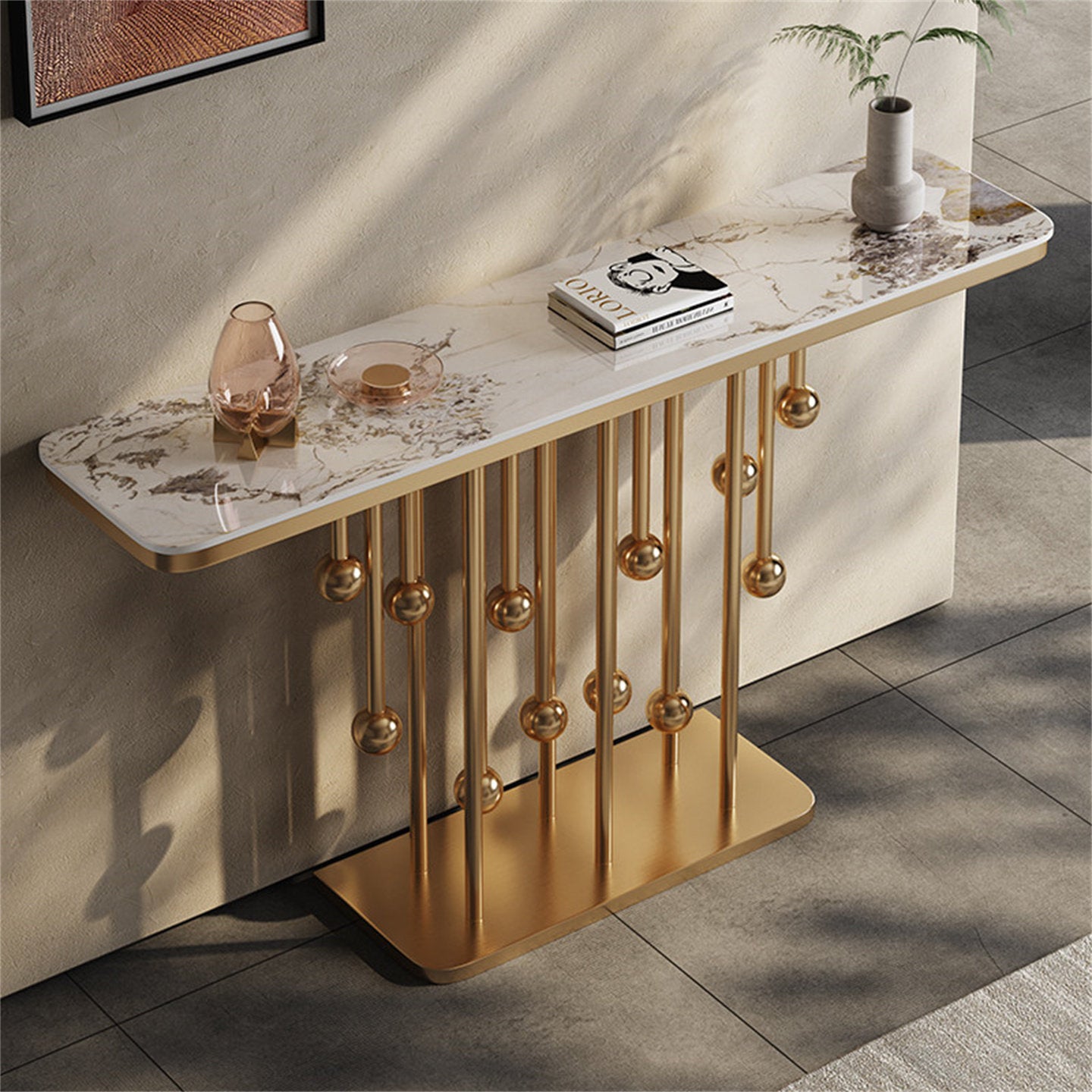 Champagne Gold Console Table, Pandora Stone Top Entryway Table