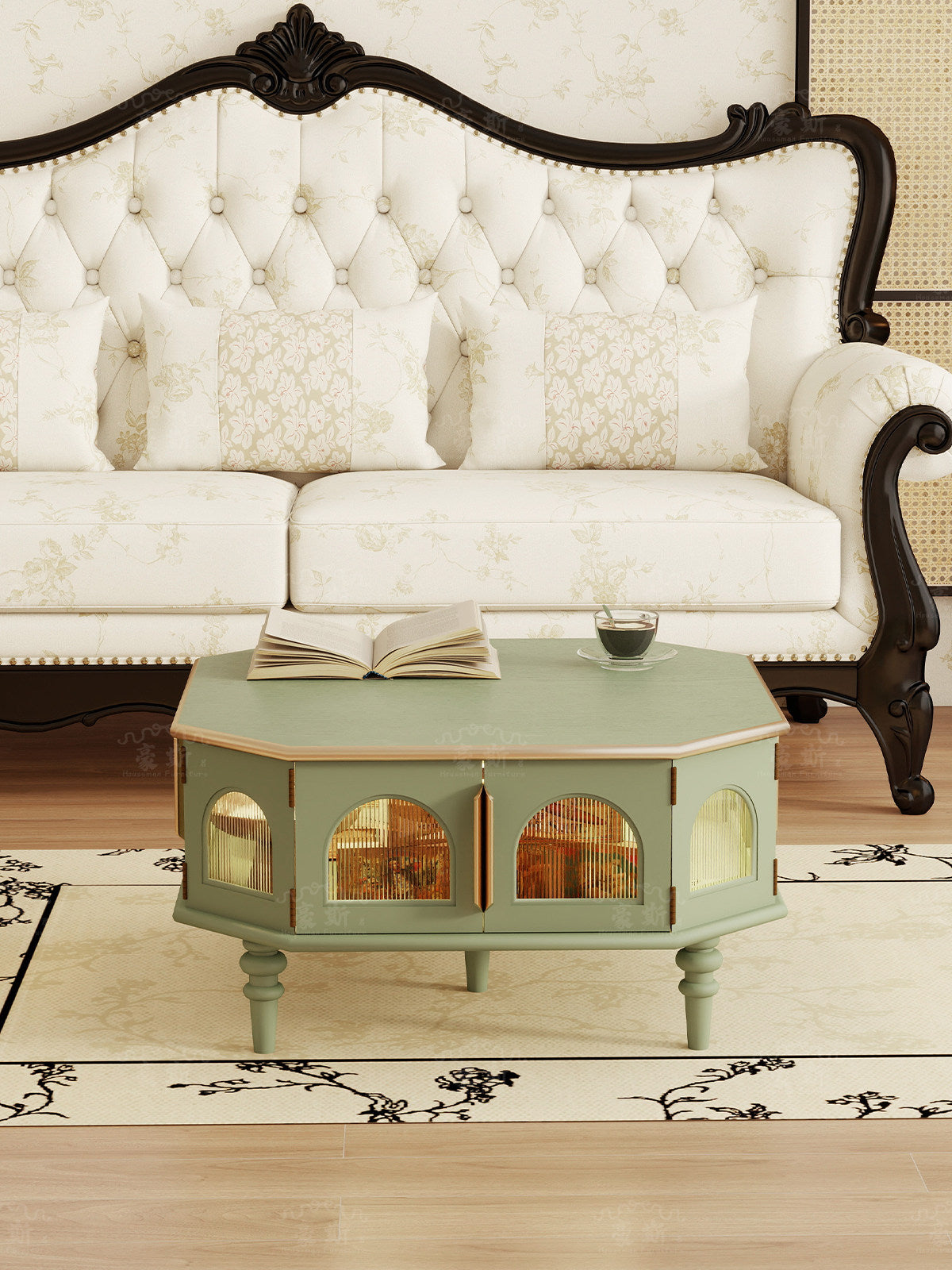 Moss Green Hexagon Coffee Table with Storage Doors, Solid Wood Frame