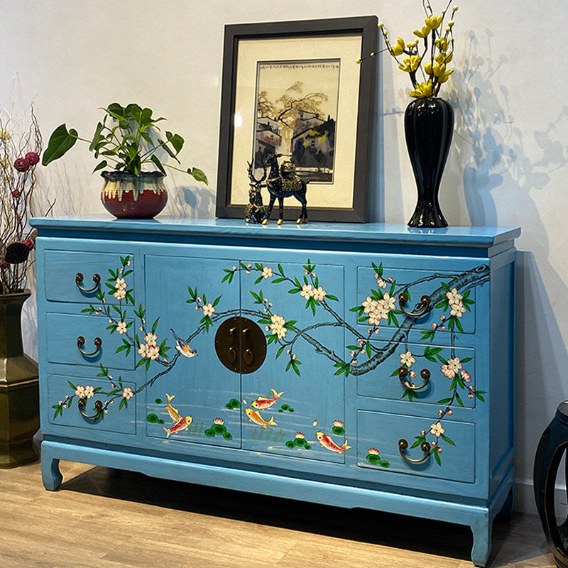 Sky Blue Hand Painted Chinese Style Sideboard Cabinet, Solid Wood Buffet Storage Cabinet with Floral Bird and Fish Design, Dining Room Credenza for Kitchen, Living Room, Entryway, Hallway, and Home Storage