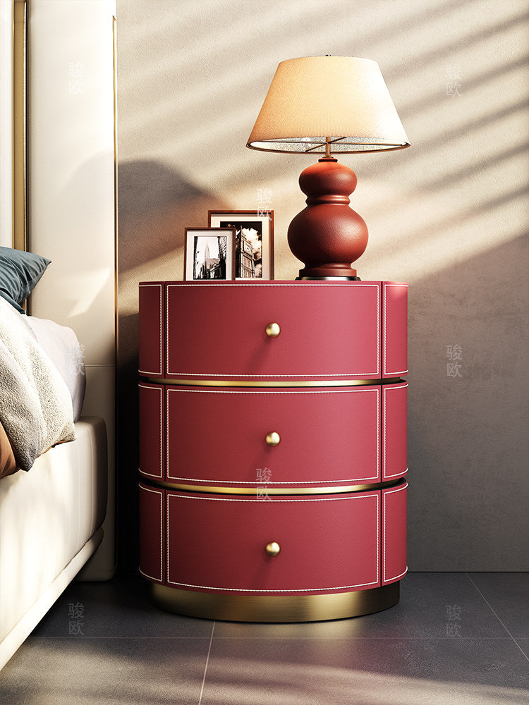 Rose Red Round Nightstand with 3 Drawers, Modern Leather Look Bedside Table with Gold Tone Base, Solid Wood Frame Accent Storage Cabinet for Bedroom, Living Room, Guest Room