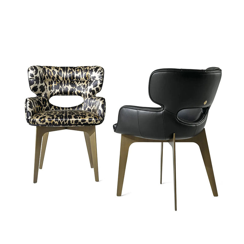 Leopard Print Upholstered Dining Chair with Arms and Metal Legs