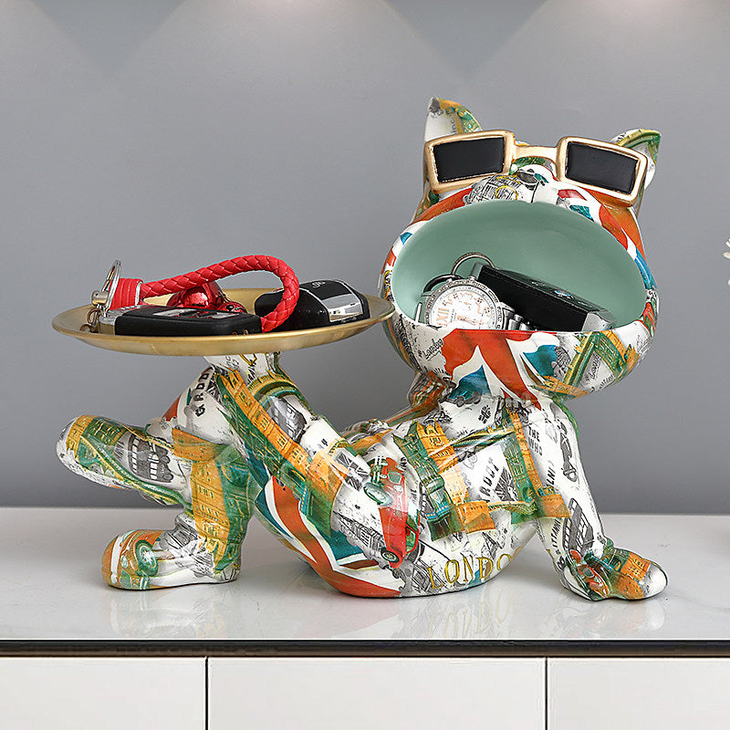Multicolor Resin Bulldog Key Holder Tray, Pop Art Dog Statue with Gold Catchall Dish and Sunglasses for Entryway, Living Room, Office Desk, Shoe Cabinet and Housewarming Gift
