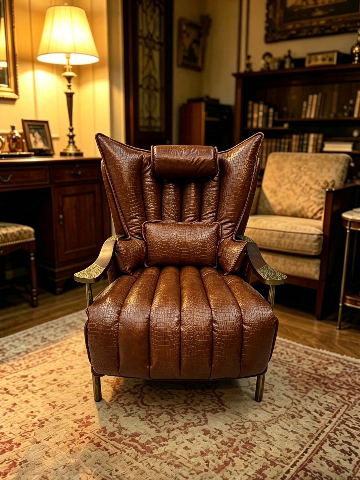 Vintage Brown Crocodile Embossed Leather Lounge Chair, High Back Accent Armchair, Full Grain Oil Wax Leather Single Sofa Chair for Living Room, Study, Tea Room and Lounge