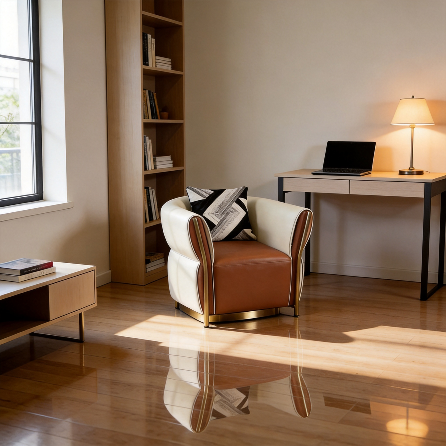 Cream Brown Genuine Leather Swivel Chair with Memory Return