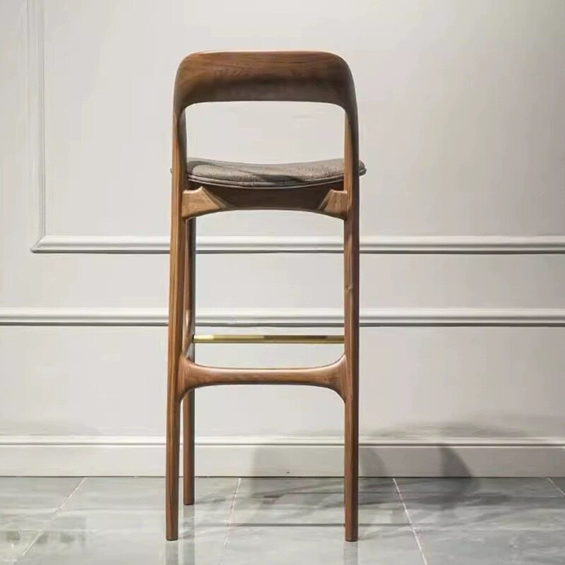 Black Walnut Solid Wood Bar Stool with Upholstered Seat, Sculpted Curved Low Back and Integrated Footrest, Mid-Century Modern High Chair for Kitchen Island, Home Bar and Café