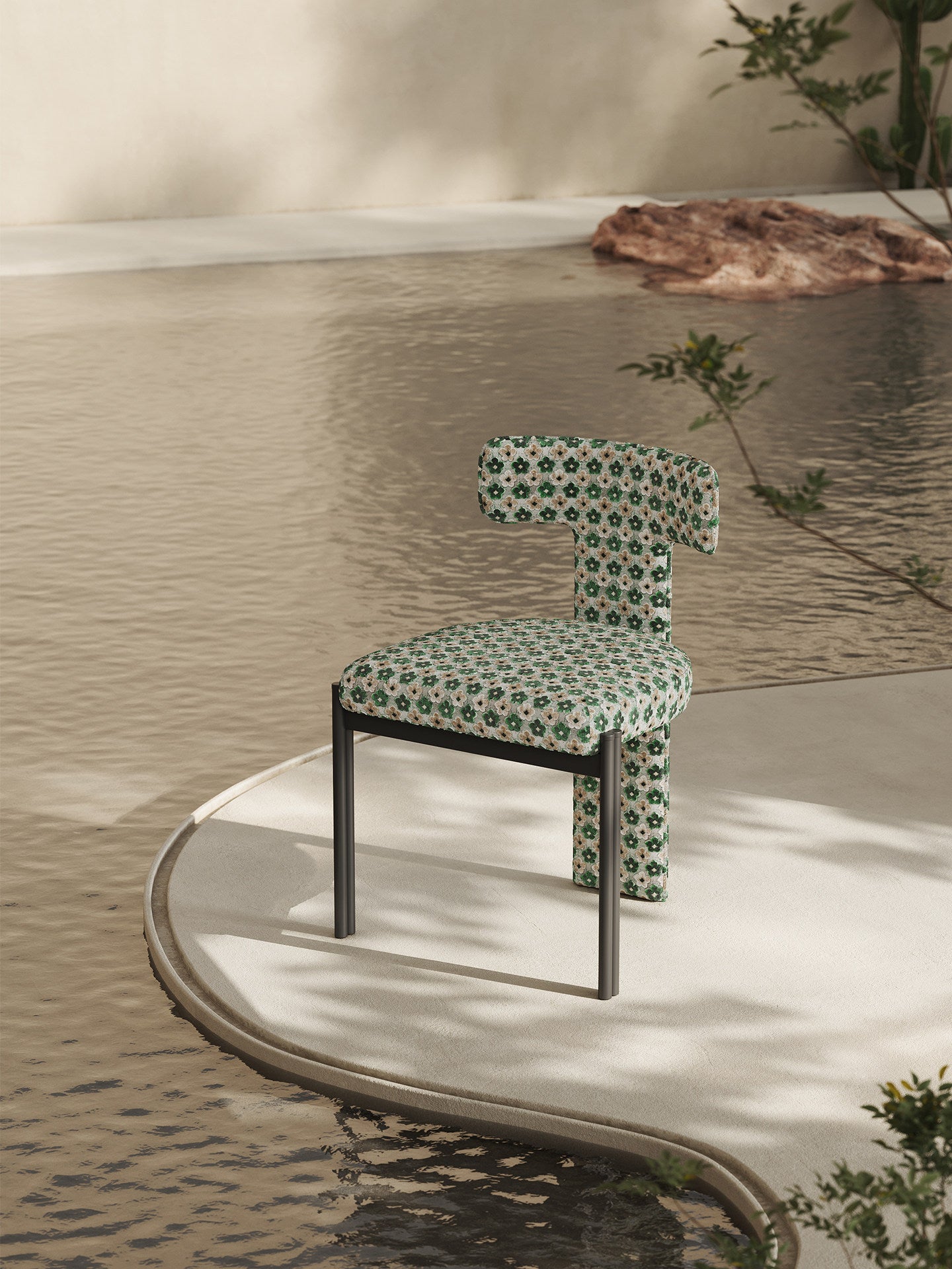 Green Floral Jacquard Dining Chair, Upholstered Armless Accent Chair with Ash Wood Frame, Modern T-Back Side Chair for Dining Room, Kitchen, Bedroom, Vanity, Cafe Seating