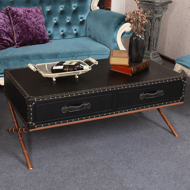 Vintage American Flag Coffee Table with Storage Drawers, Rustic Industrial Rectangular Wood Cocktail Table, Loft Style Living Room Center Table with Nailhead Trim and Metal Legs