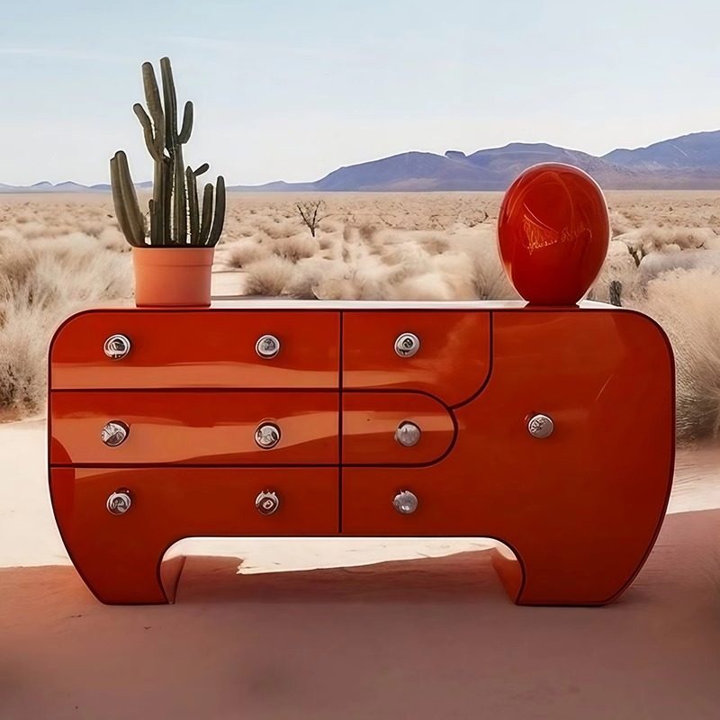 Glossy Red Modern Art Sideboard Cabinet, Sculptural 3 Door Buffet Storage Cabinet with Rounded Shape, High Gloss Accent Credenza for Dining Room, Living Room, Entryway, Hallway, and Home Storage