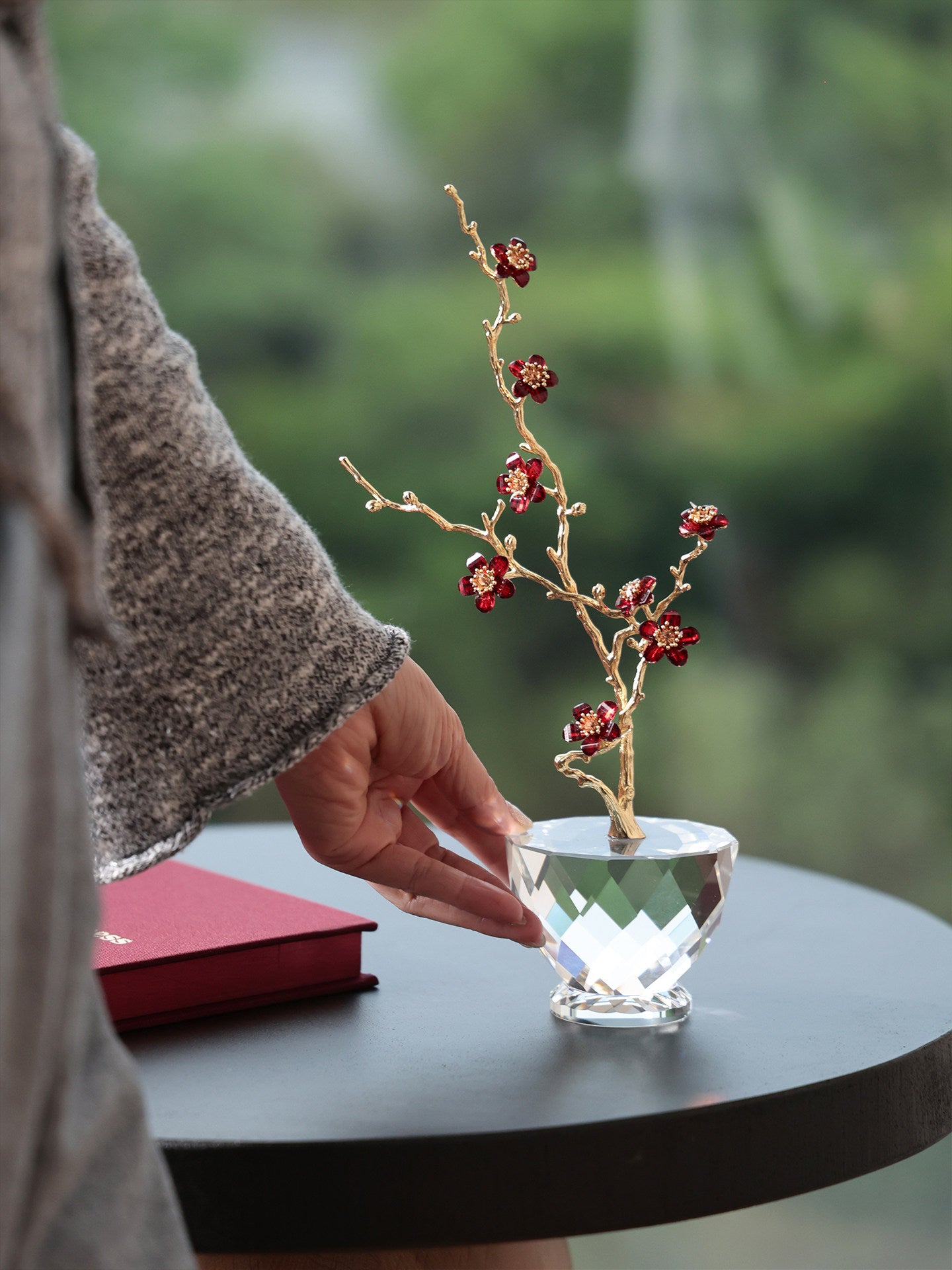Crystal Plum Blossom Sculpture with Gold Branches, Red Floral Table Decor