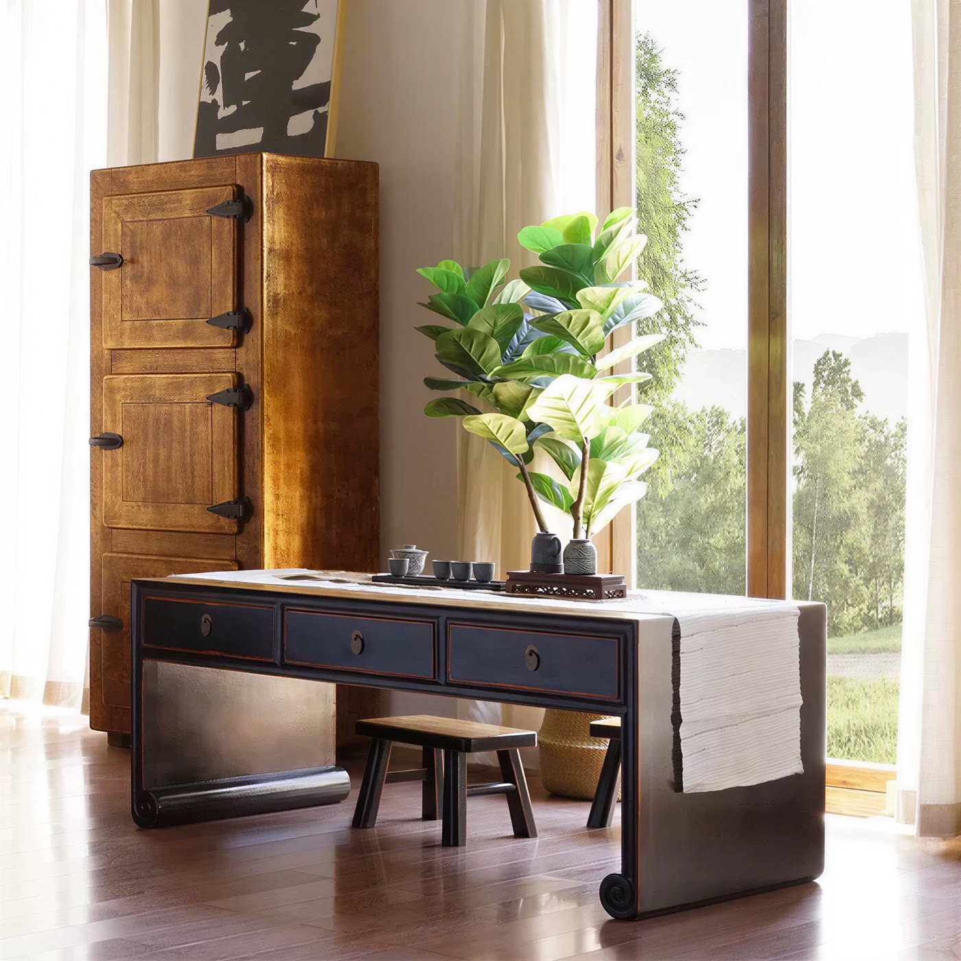 Vintage 3-Door Solid Wood Storage Cabinet, Distressed Brown