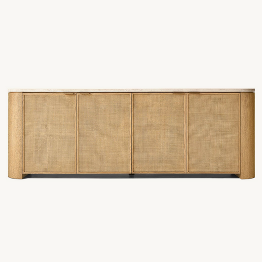 Cane Door Sideboard Buffet Cabinet, 4-Door Rattan Media Console with Travertine-Style Top for Living Room, Dining Room, TV Stand, Natural Wood