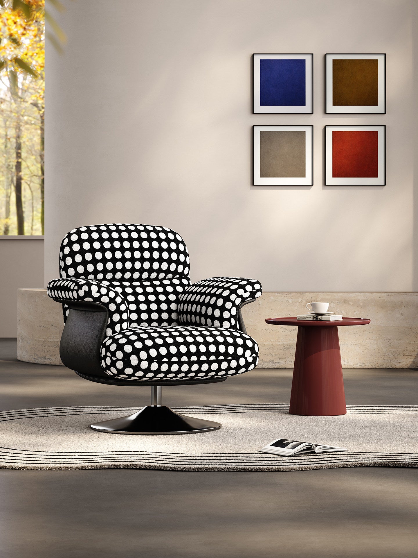 Black and White Polka Dot Swivel Accent Chair, Modern Upholstered Lounge Chair with Wide Arms, Jacquard Velvet Single Sofa Chair for Living Room, Bedroom, Balcony, Reading Corner