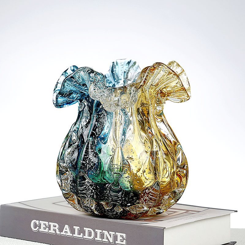 Blue and Amber Art Glass Vase with Ruffled Mouth for Flowers