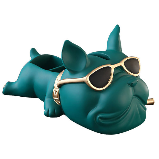 Teal Green Resin French Bulldog Tissue Box Holder with Sunglasses, Decorative Dog-Shaped Facial Tissue Dispenser and Divided Remote Control Organizer for Living Room, Office and Bedroom