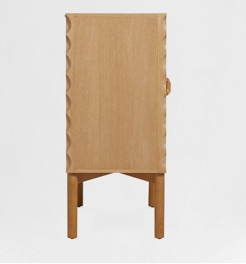 Natural Wood Scalloped Sideboard Cabinet, Solid Wood 2 Door Storage Cabinet with Wavy Edge Detail, Tall Buffet Credenza for Dining Room, Living Room, Entryway and Hallway