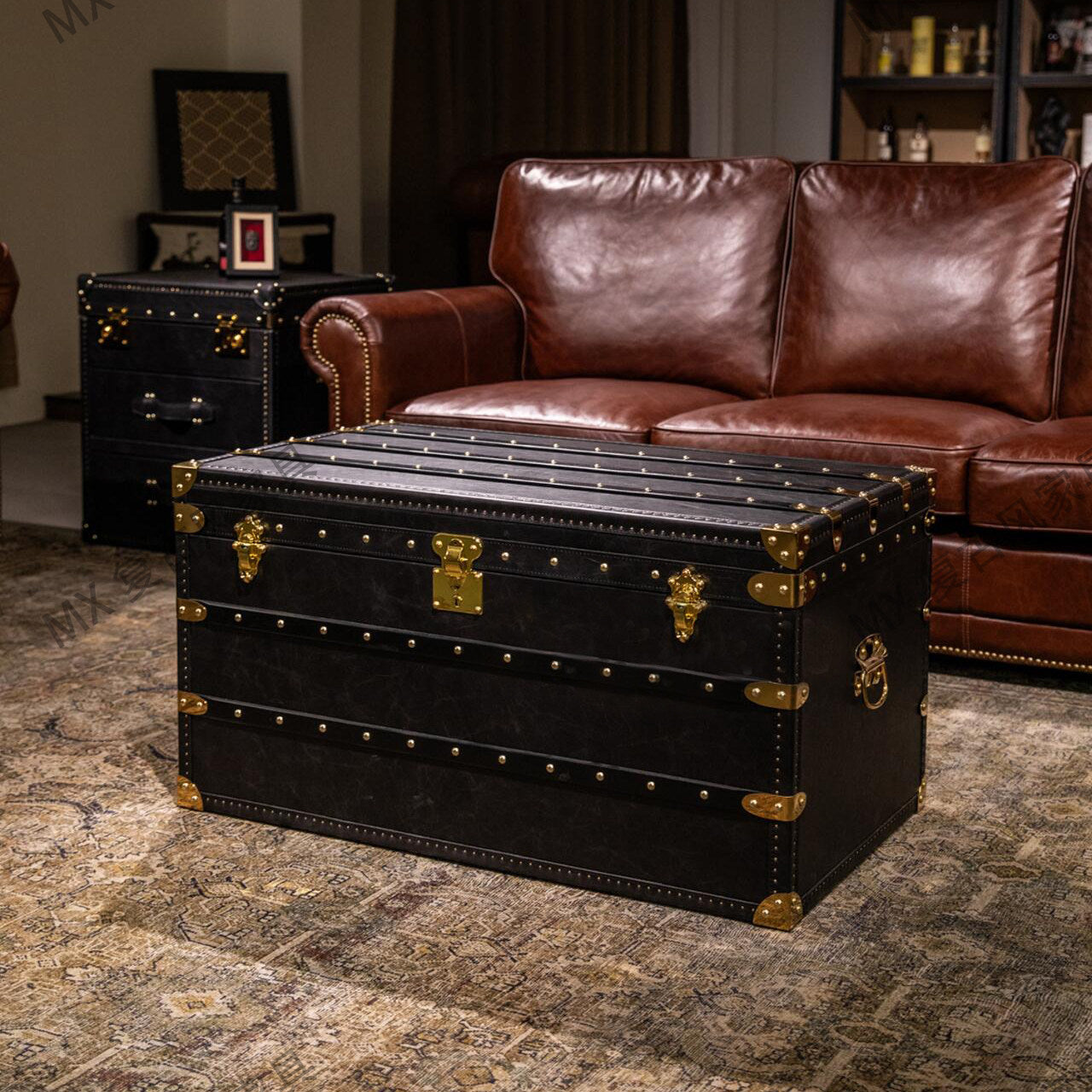 Vintage Trunk Coffee Table, Faux Leather Storage Chest Cocktail Table for Living Room, Cigar Lounge, Office and Lounge Spaces