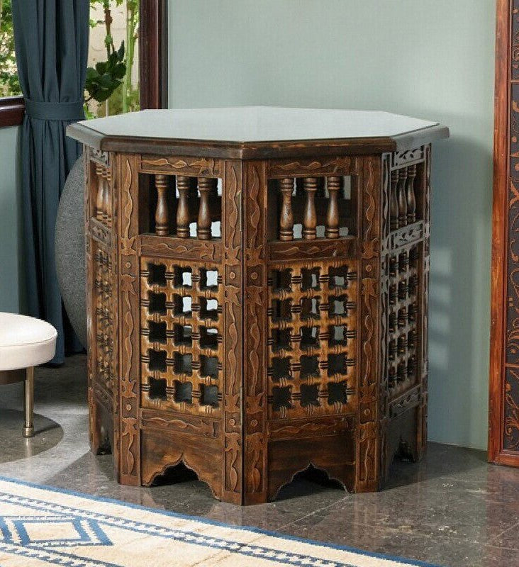 Hand-Carved Solid Wood Accent Side Table, Octagonal End Table with Open Baluster Shelves and Rustic Brown Finish for Living Room, Lounge or Entryway