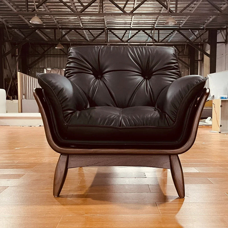 Dark Brown Leather Accent Chair with Black Walnut Wood Frame
