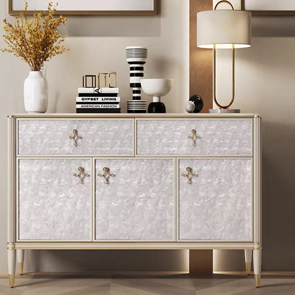 Modern Pearl-Effect Sideboard Cabinet, Accent Storage Credenza with 2 Drawers, 4 Doors, Champagne Silver Frame and Tapered Legs for Entryway, Dining Room or Living Room