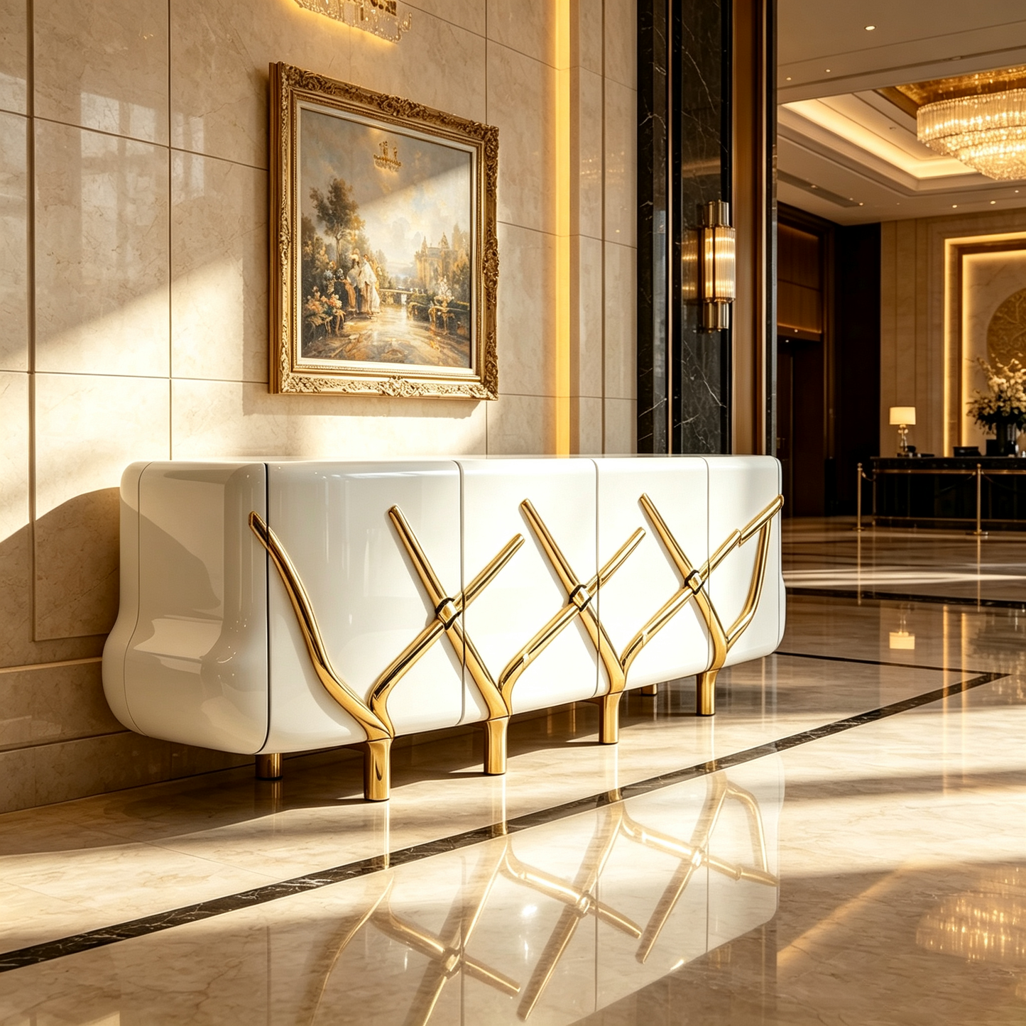 Glossy White and Gold Sideboard Cabinet, Modern Storage Credenza with Branch-Inspired Metal Accents, Luxury Buffet Cabinet for Dining Room, Living Room, Entryway, Hallway, Foyer