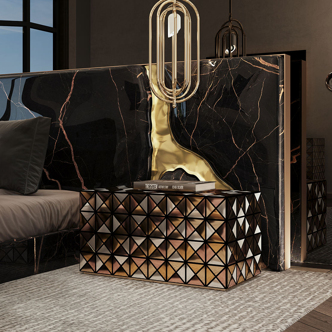 Geometric Mosaic Mirrored Nightstand with Drawers for Bedroom