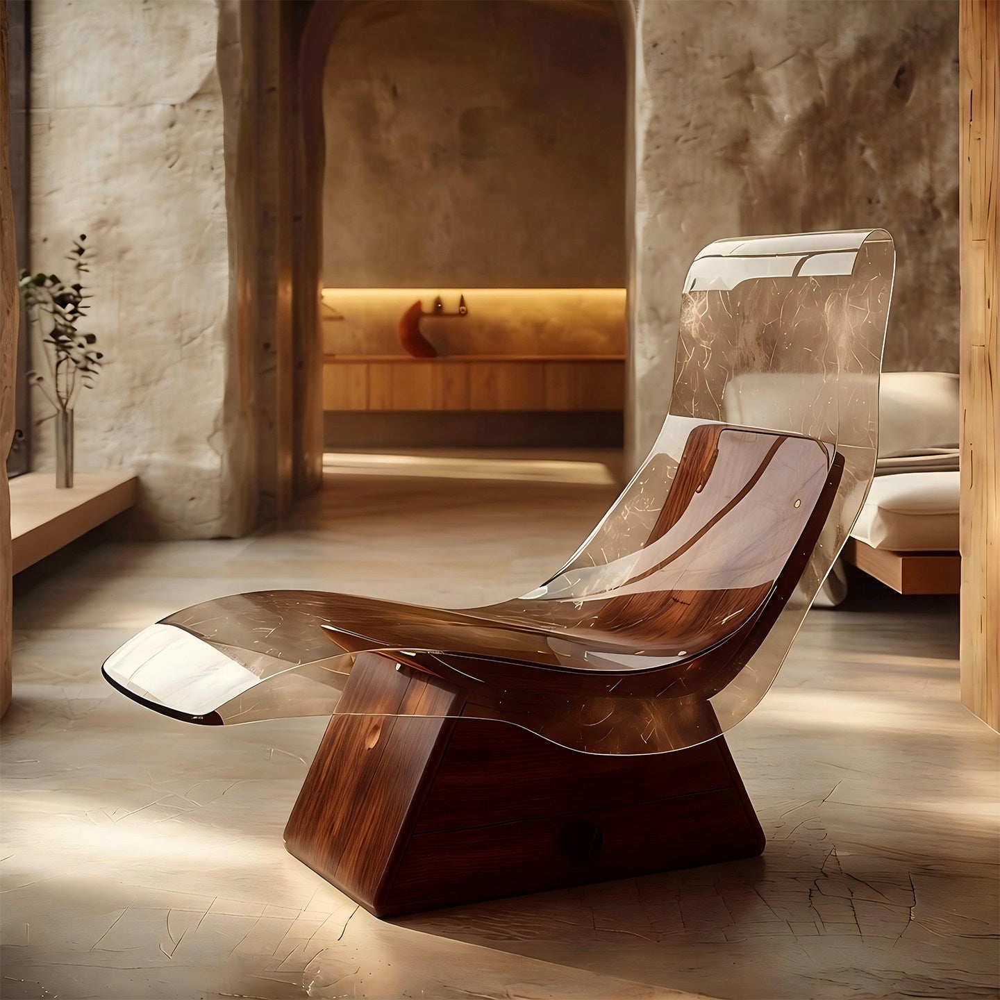 Transparent Resin Chaise Lounge Chair, Sculptural Clear Armless Reclining Accent Chair with Walnut-Tone Wood Panels and Pedestal Base for Living Room, Bedroom, Villa and Lounge