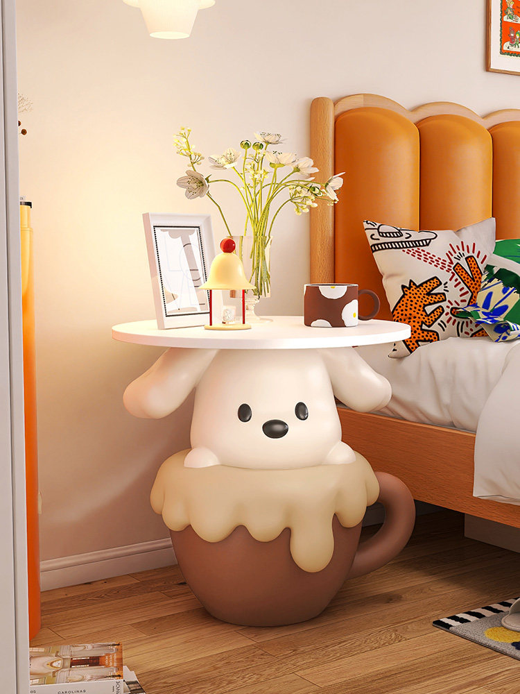 Brown and Cream Resin Teacup Puppy Side Table with Round White Wood Top, Cute Cartoon Accent End Table and Bedside Stand for Bedroom, Living Room, Kids Room and Nursery