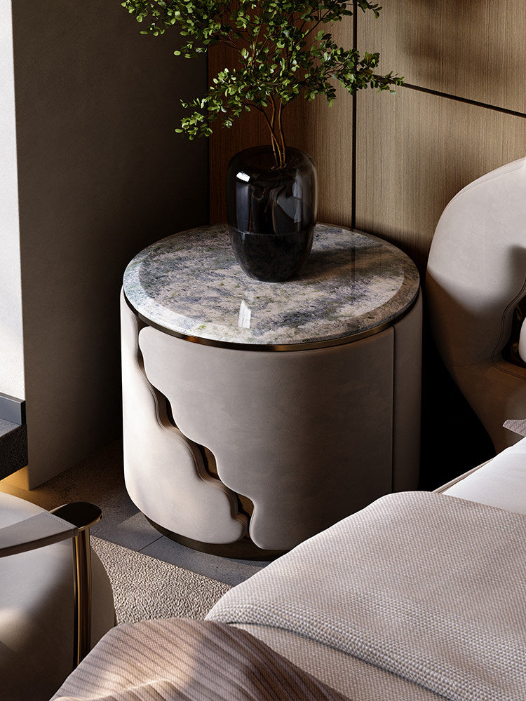 Round Luxury Nightstand with Blue Natural Stone Top, Modern Cylindrical Bedside Table with Matte Upholstered Body and Antique Bronze Accents for Bedroom