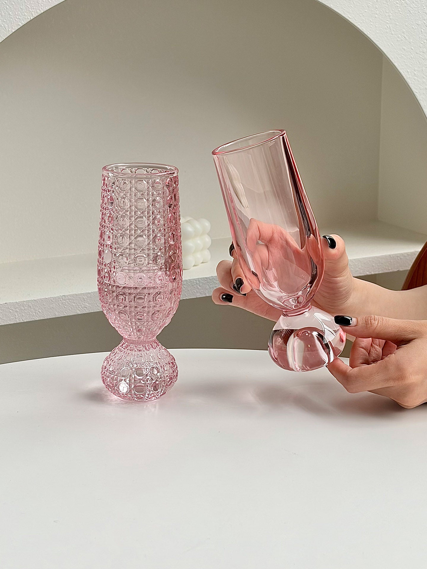 Pink Bubble Stem Champagne Glasses Set of 2, 6.4 oz Tall Footed Drinking Glasses with Smooth and Gem-Textured Designs for Sparkling Wine, Cocktails, Juice and Party Drinks