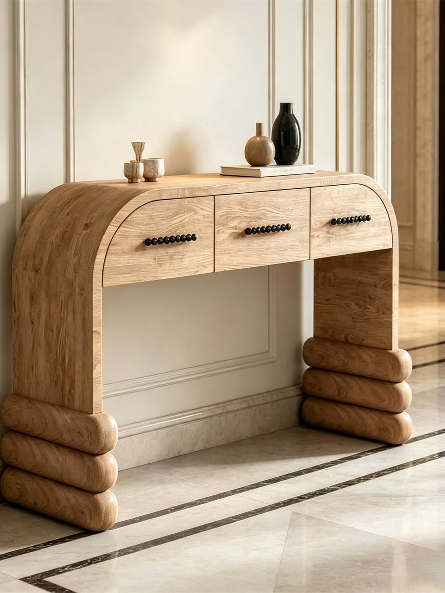 Solid Wood Console Table with 3 Drawers, Curved Entryway Table, Modern Natural Wood Hallway Table for Foyer, Living Room, Entryway, Corridor, Sofa Back, and Accent Storage