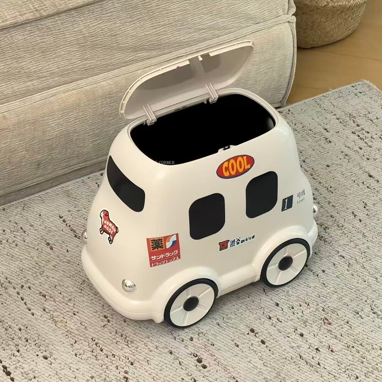 White Car Shaped Trash Can with Lid, Large Capacity Mini Bus Style Waste Basket with Wheels, Cute Vehicle Storage Bin for Bedroom, Living Room, Kids Room, Playroom, Office, and Toy Organization