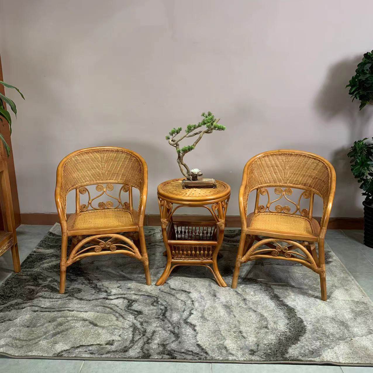 Natural Rattan 3-Piece Bistro Set with 2 Armchairs and Side Table