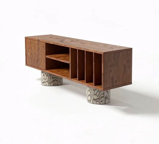 Solid Wood Open Shelf Sideboard Cabinet, Low Storage Credenza with Door and Vertical Dividers, Wabi Sabi Console Cabinet for Living Room, Entryway or Dining Room
