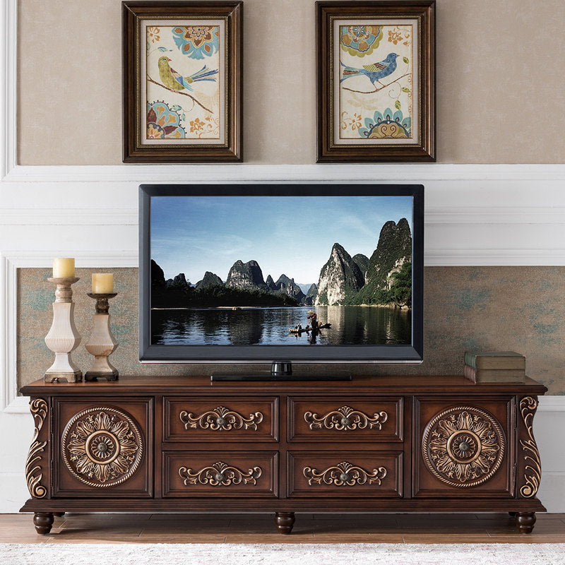 Solid Wood TV Stand with 6 Drawers &amp; 2 Cabinets, Traditional Carved Entertainment Center, Walnut Finish Media Console Cabinet for TVs Up to 80 Inch, Living Room Storage Console