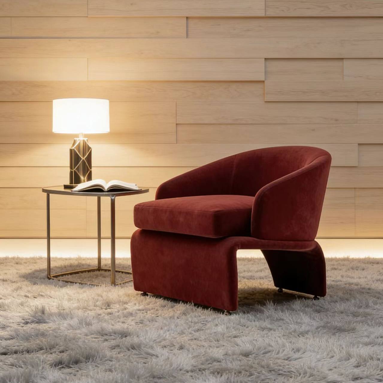 Red Velvet Accent Chair with Curved Arms for Living Room and Bedroom