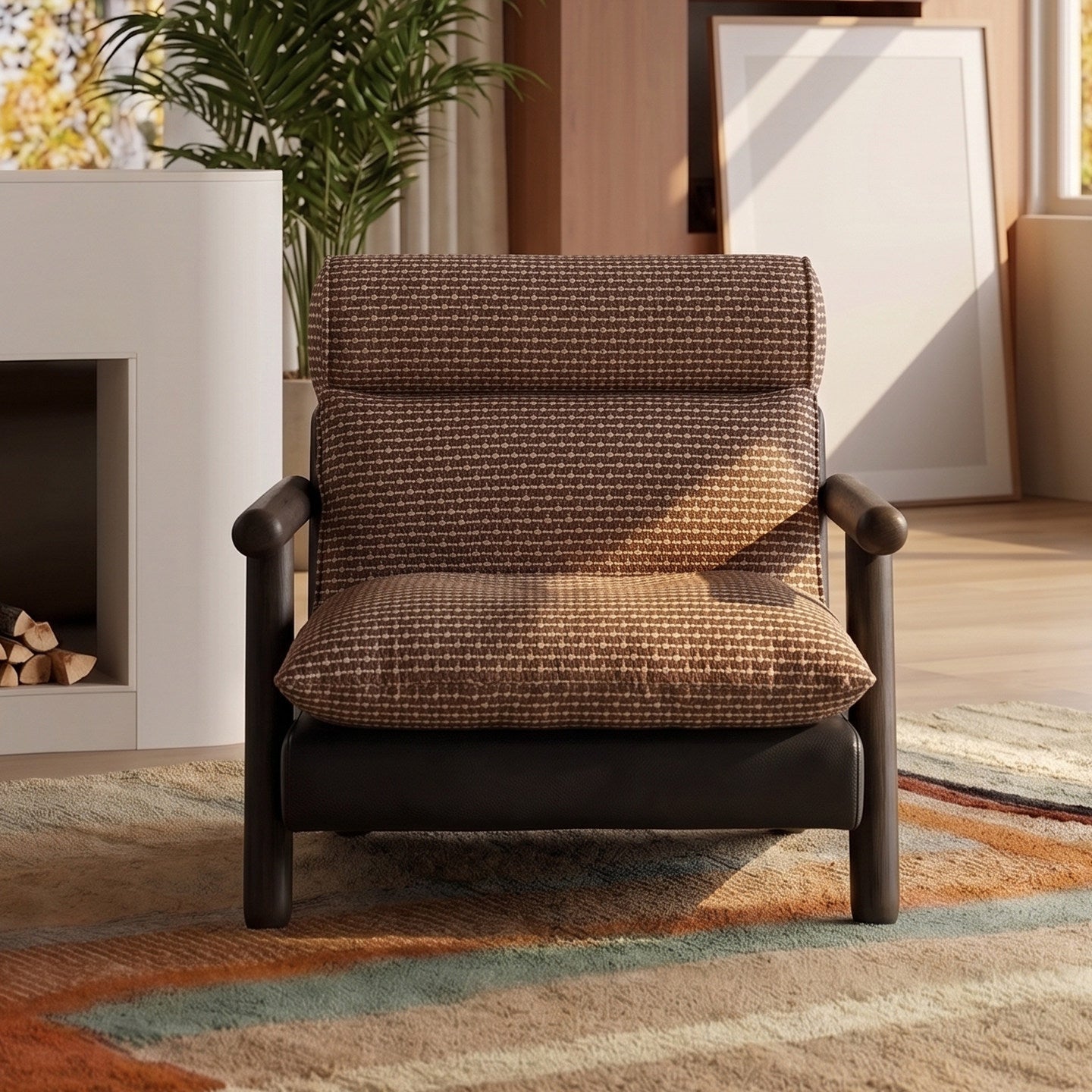 Brown Jacquard Accent Chair with Ash Wood Arms, Upholstered Lounge Chair
