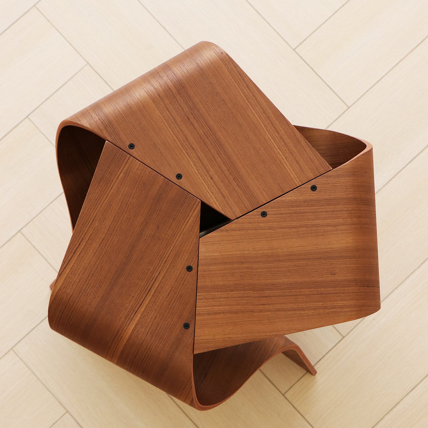 Teak-Tone Curved Plywood Stool, Sculptural Three-Panel Low Seat and Multipurpose Wood Side Table for Entryway, Living Room, Bedroom, Bedside and Reading Corner