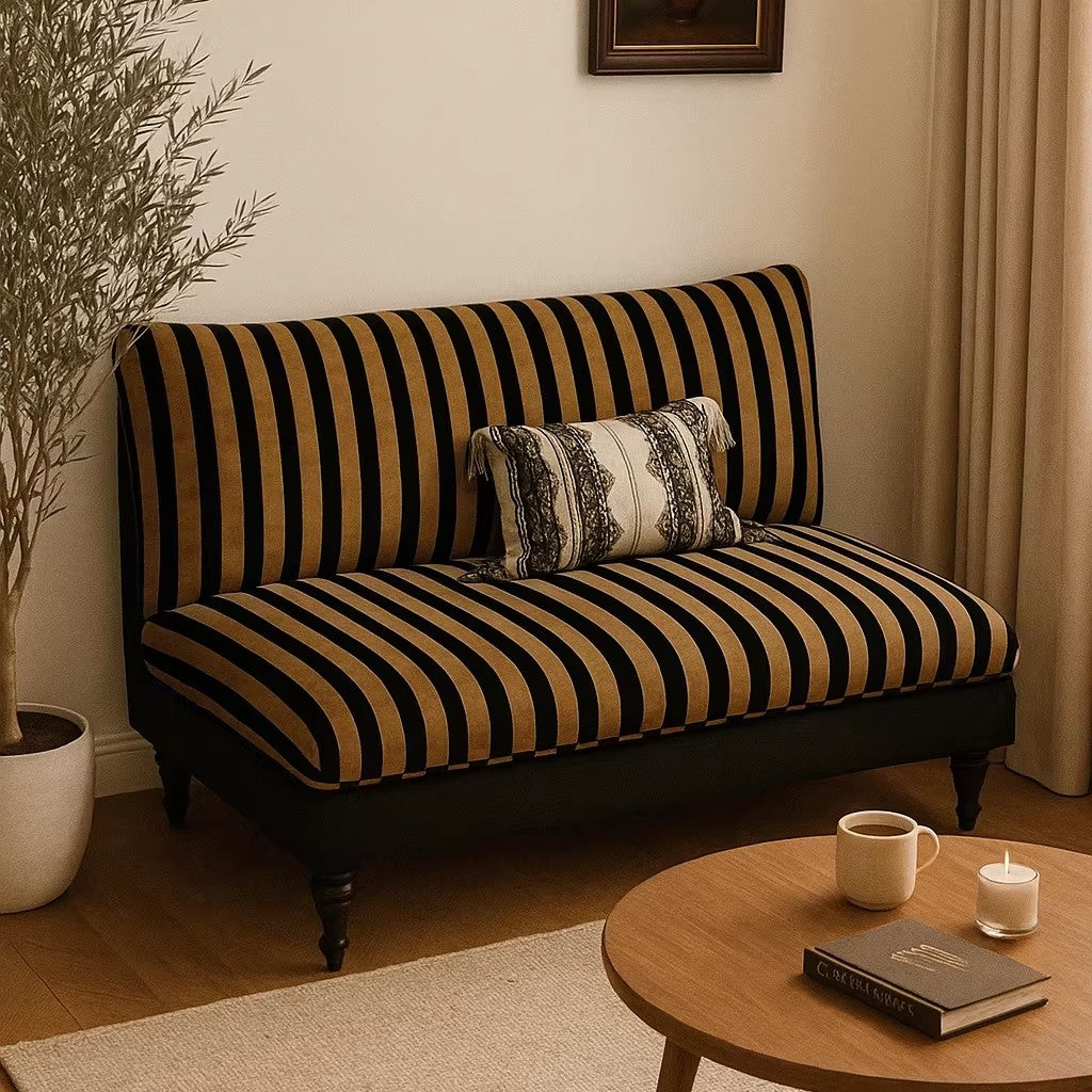 Brown Striped Loveseat with Cushions and Black Faux Leather Frame
